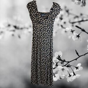 French Connection 2 short sleeve black w/ yellow flowers Calf length midi dress